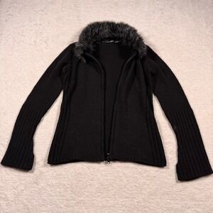 Tomfoolery Black Faux Fur Collar Zip Front Ribbed Cardigan Sweater Small Y2K